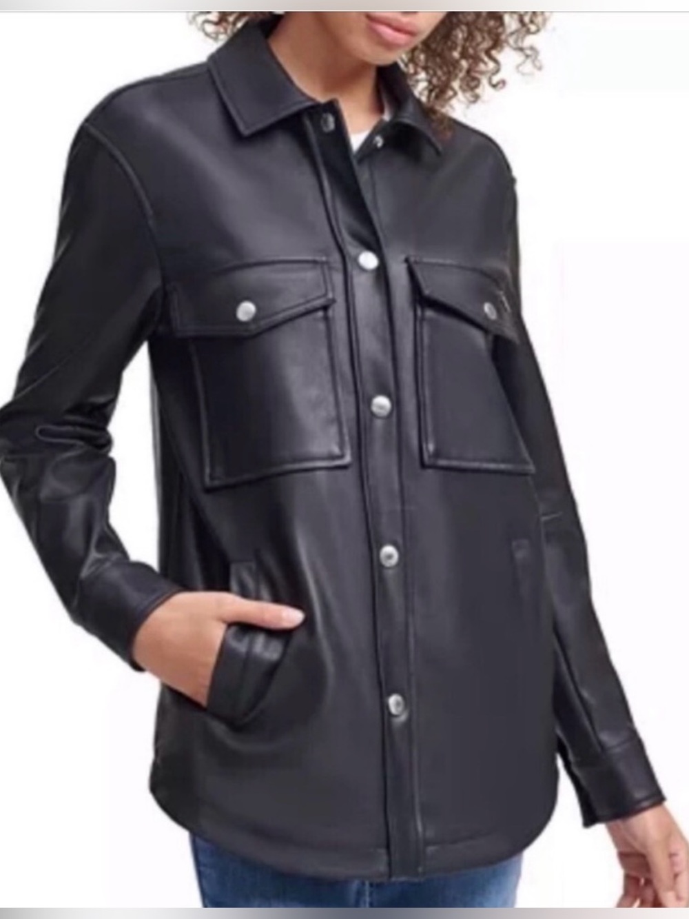 Calvin Klein Womens Black Leather Jacket with Silver Accents